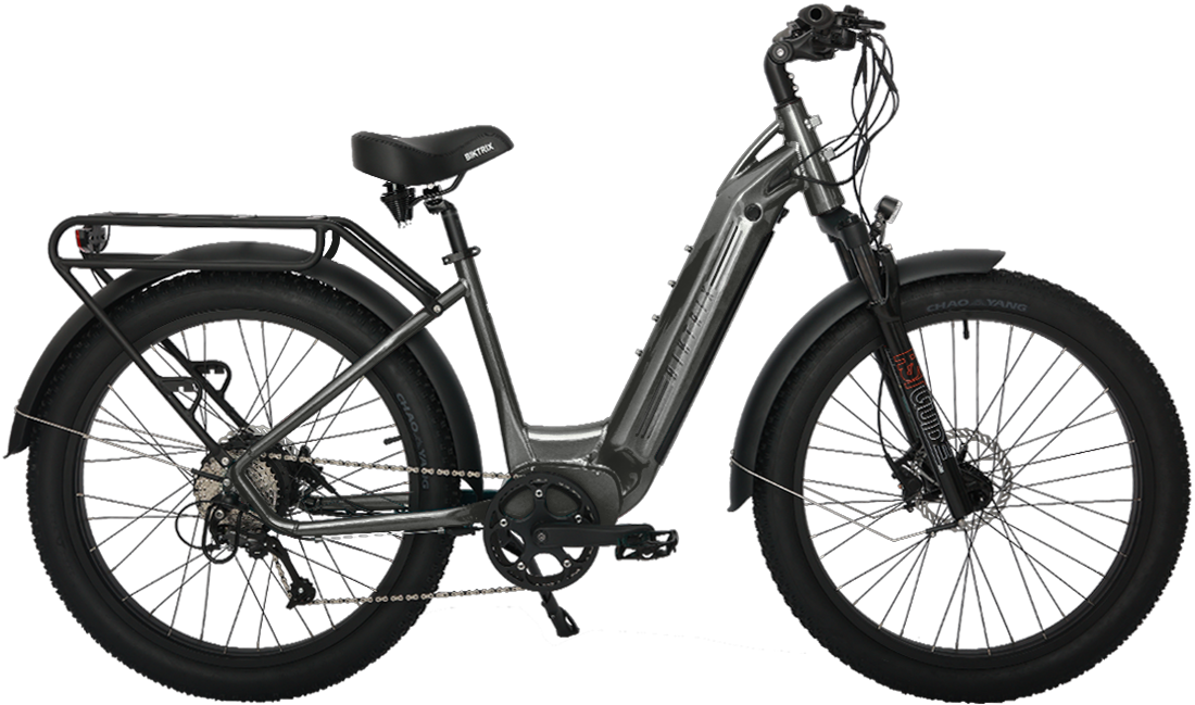 Juggernaut Hub Duo Step-Over - Step-Thru / L | 19” Frame (Fits Riders  5’10”+ / 31”+ inseam) / Metallic Charcoal / 27.5x3 MTB Wheels (great on pavement | groomed trails)