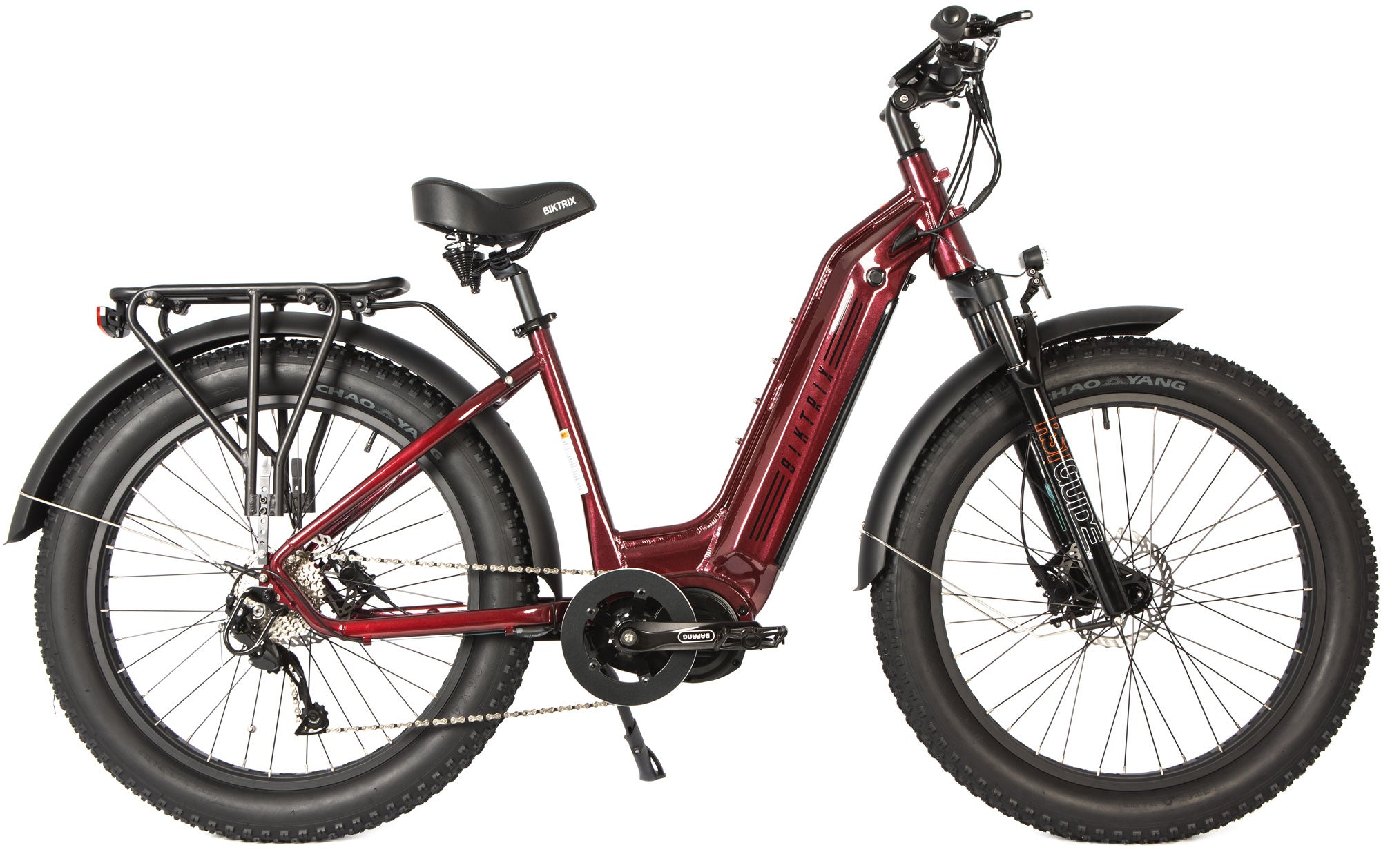 Juggernaut Ultra Duo 4 Step-Thru | 52V - L | 18” Frame (Fits Riders 5’10”+ / 32”+ inseam) / Black Cherry / 27.5x3 MTB Wheels (great on pavement | groomed trails)