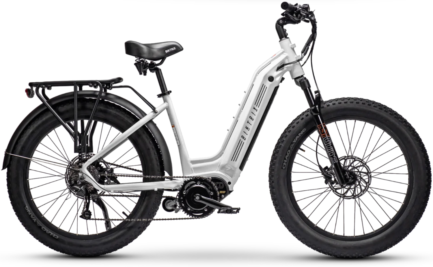 Juggernaut XD Duo Step-Thru - M | 16” Frame (Fits Riders 5’6”+ / 30”+ inseam) / Pearl White / 27.5x3 MTB Wheels (great on pavement | groomed trails)