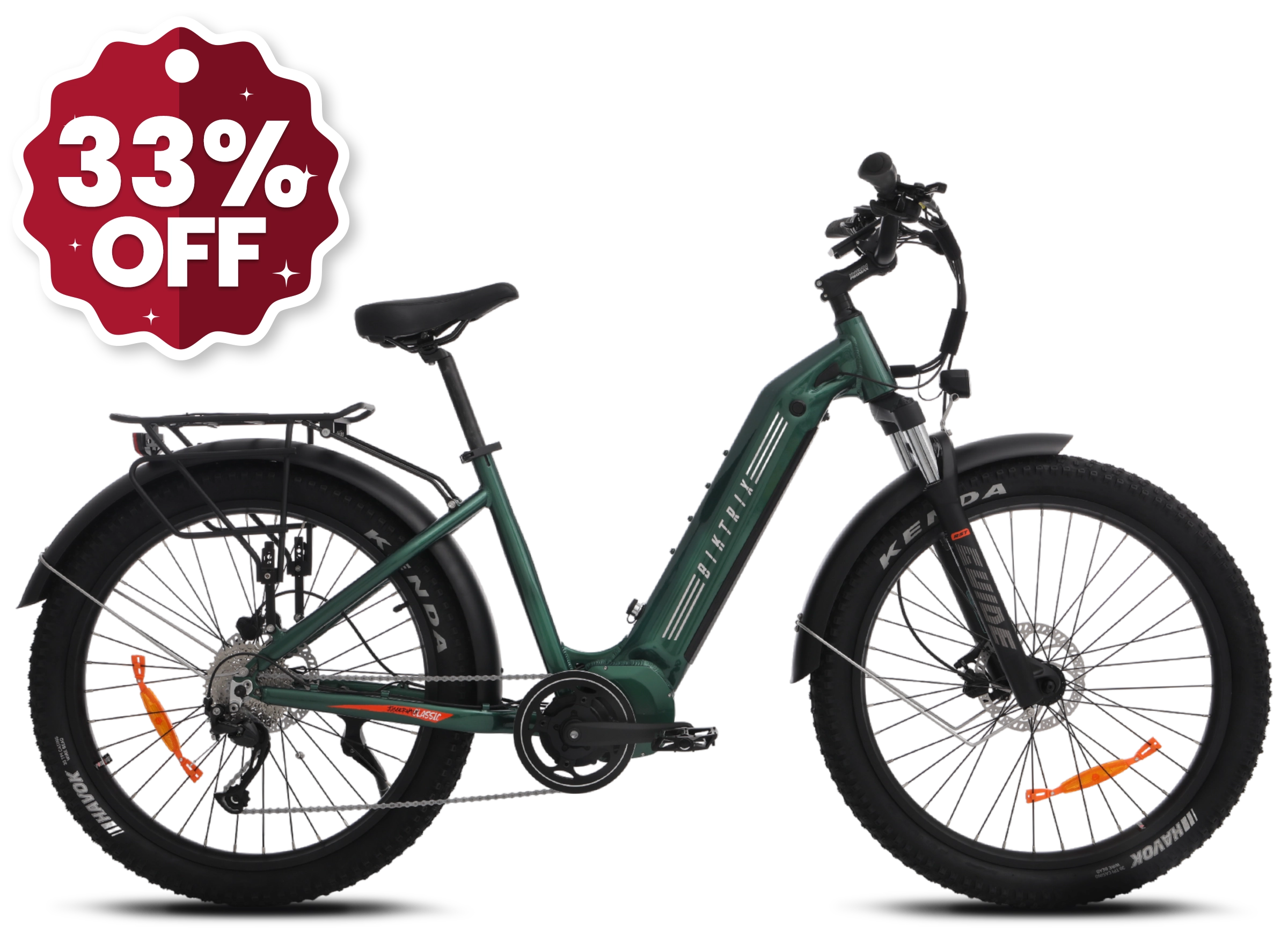 Juggernaut Classic Duo Step-Thru - L | 19” Frame (Fits Riders  5’8”+ | 30”+ inseam) / Emerald Green / 27.5x3 MTB Wheels (Great on pavement | groomed trails)